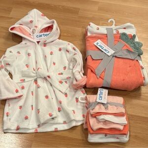 Carter's White and Pink Strawberry Bathrobe and Towels Set